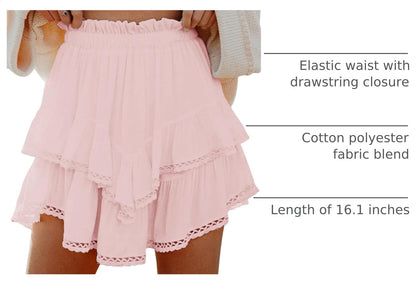 Aoudery Flowy Shorts for Women Casual Boho Ruffle Tiered Skorts High Waist Mini Skirts Golf Tennis Butterfly Crochet Shorts - All Peach XS