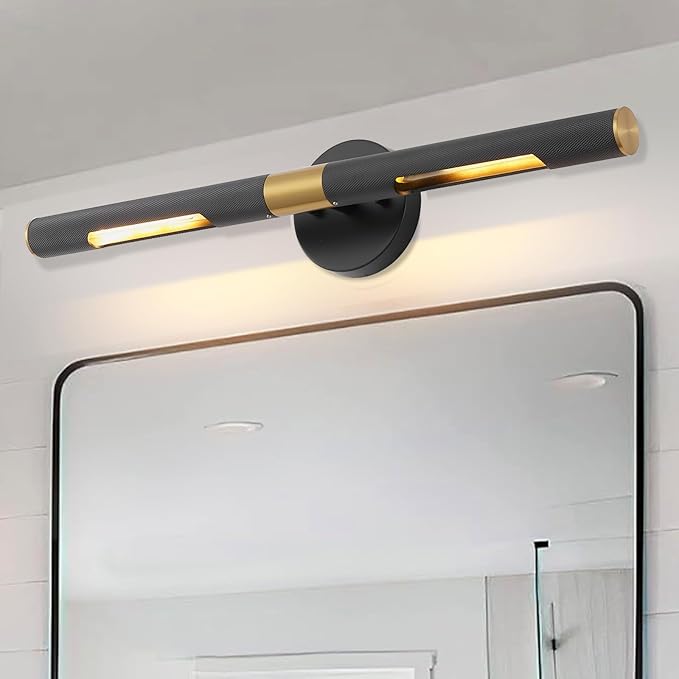 Modern Picture Light 24 inches Brushed Brass Gold Black Wall Sconce with Knurled Texture Cylinder Metal Shades Rotatable 360°Indoor Wall Lighting Fixture for Bathroom Vanity Lights Bedroom