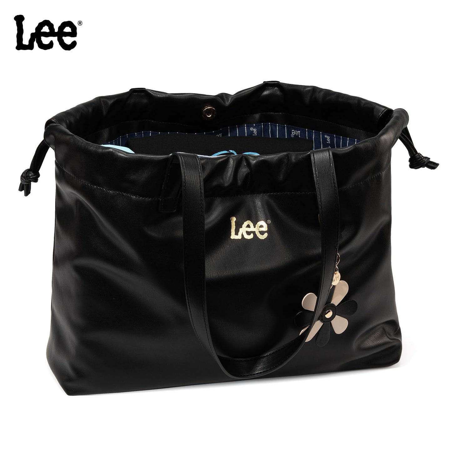 Lee Leather Tote Bag for Women, Spacious Vegan Leather Shoulder Bag & Handbag with Drawstring Closure, Durable Shoulder Straps, Large Capacity Work & Travel Purse, LEE73-001BK
