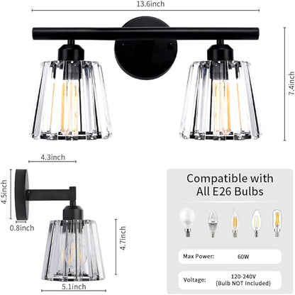 TISLYCO 2 Lights Sconces Wall Decor, Modern Vanity Light Fixture Over Mirror, Black Crystal Wall Sconce for Hallway Entryway Restroom, 2 Lights Bathroom sconces