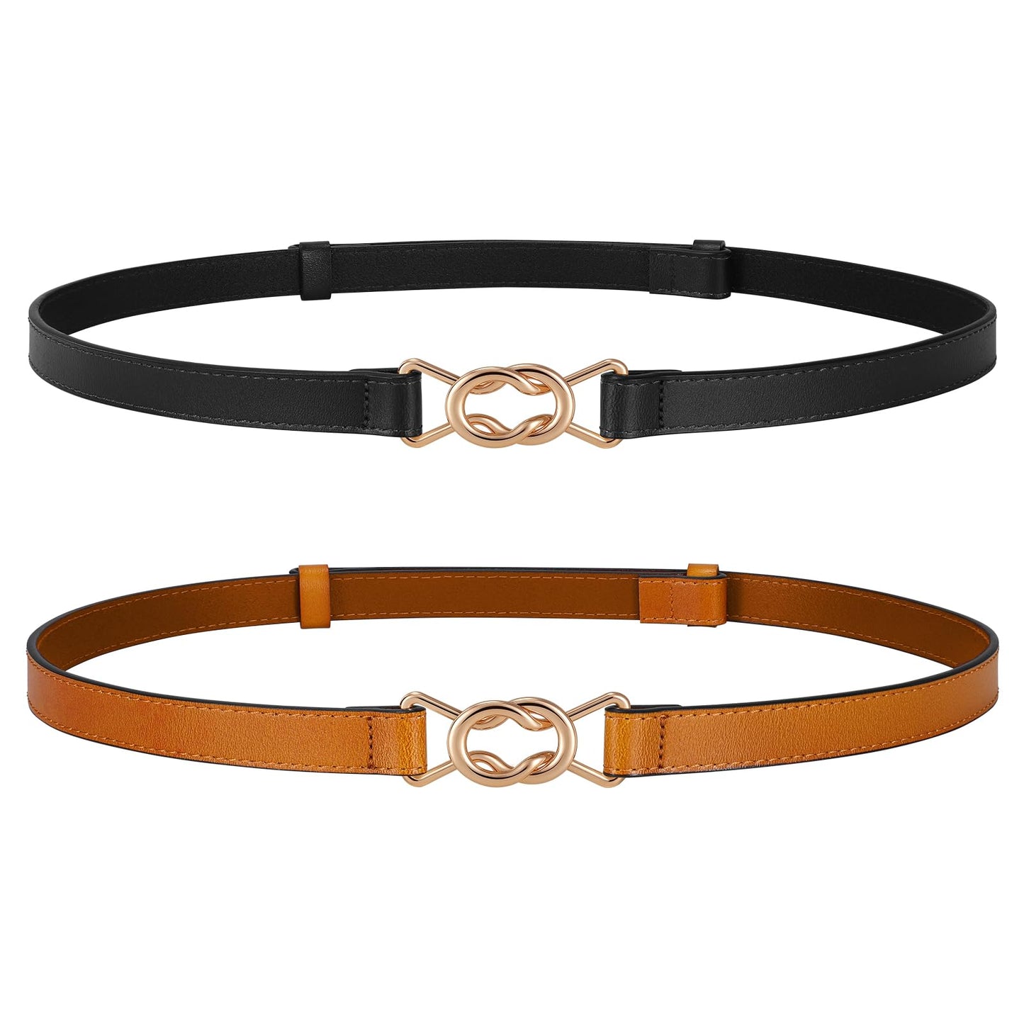 JASGOOD Women Skinny Genuine Leather Belt Thin Waist Belt for Jeans Pants Adjustable Vintage Belt with Gold Buckle 2 Pack