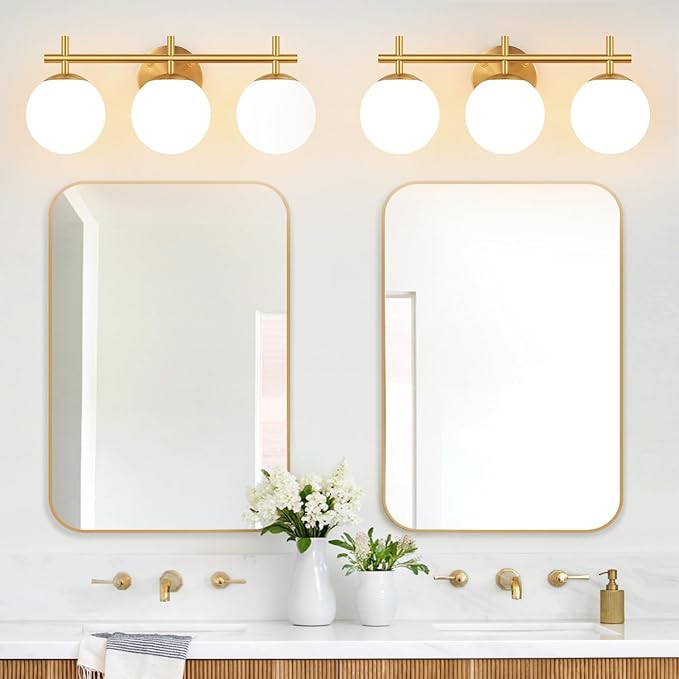 3-Light Bathroom Light Fixtures, Brushed Gold Vanity Lights for Bathroom with Milky White Glass Ball Shades, 18.9 inch Bathroom Lighting Fixtures Over Mirror, Wall Sconce for Bedroom (Exclude G9 Bulb)