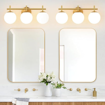 3-Light Bathroom Light Fixtures, Brushed Gold Vanity Lights for Bathroom with Milky White Glass Ball Shades, 18.9 inch Bathroom Lighting Fixtures Over Mirror, Wall Sconce for Bedroom (Exclude G9 Bulb)