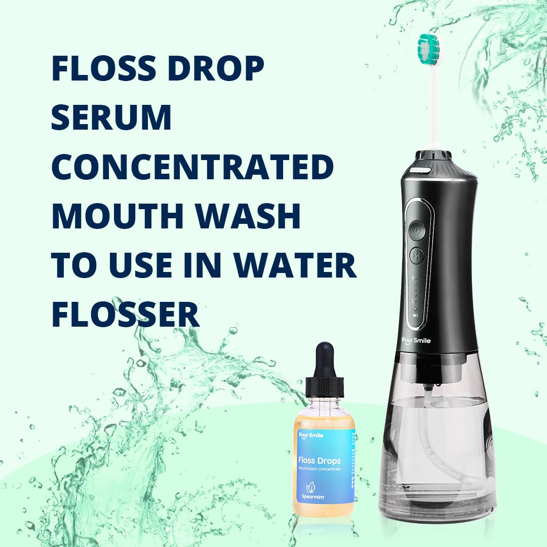 Concentrated Floss Drop Serum – 2oz Concentrated Mouth Wash to Use in Water Flosser | Natural Essentials Promotes Good Breath | Organic Spearmint Drop Supports Good Oral Health