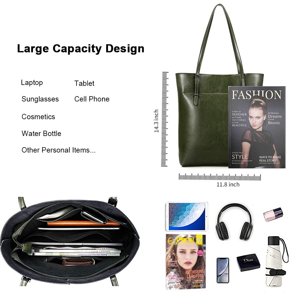 Kattee Vintage Genuine Leather Tote Shoulder Handbag for Woman with Adjustable Handles (Green)
