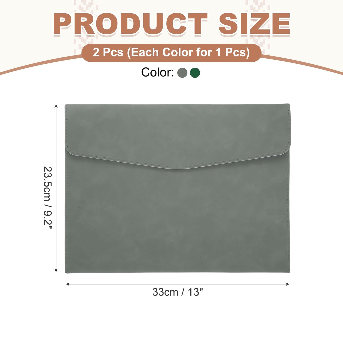 PATIKIL 2Pcs PU Leather File Folders, 13x9 A4 Document Holder Waterproof Envelope Folder with Snap Closure, Portable Portfolio Organizer Case for Paper Receipt, Gray/Green