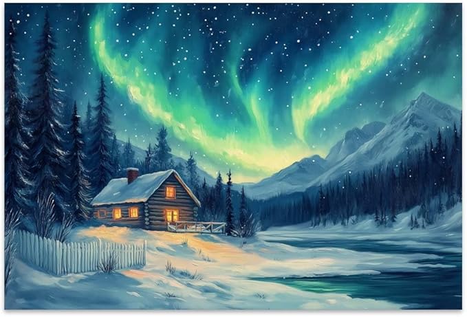 Yesad Aurora Wall Art, Landscape Canvas Wall Art Aurora Borealis Painting Nature Pictures Scenery Prints Poster Wall Décor for Cabin Living Room Bedroom Farmhouse Décor (Unframed,12”x8”, Aurora)