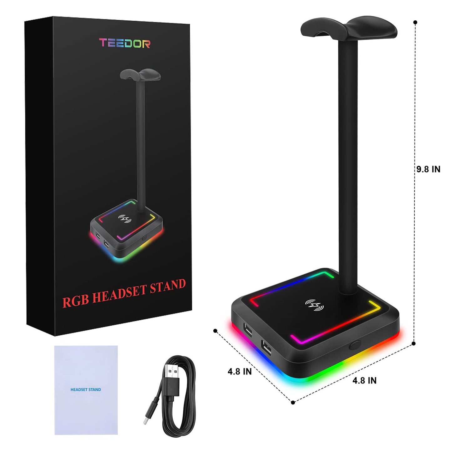 Headphone Stand with Wireless Charger Gaming Headset Holder with 10W/7.5W QI Charging Pad & 2 USB Charger Ports for Desktop PC Game Accessories