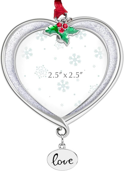Christmas Tree Ornament Picture Frame Metal Hanging Pendant Holiday 2.5" Photo Frame Charm Decorative of Pets, Baby First Christmas, Family (Love White)