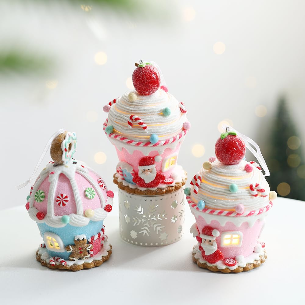 3Pcs Macaron Gingerbread House Ornaments for Christmas Tree, Lighted LED Clay Candy House Hanging Ornaments with Rope for Xmas Holiday Party New Year Home Decor