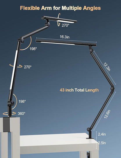 LED Desk Lamp with Clamp, 18W Dual Light Architect Desk Light, Adjustable Swing Arm RGB Light Sensor Switch, Eye-Caring 4 Modes Stepless Dimming Table Lamp for Home Office Reading Study Gaming