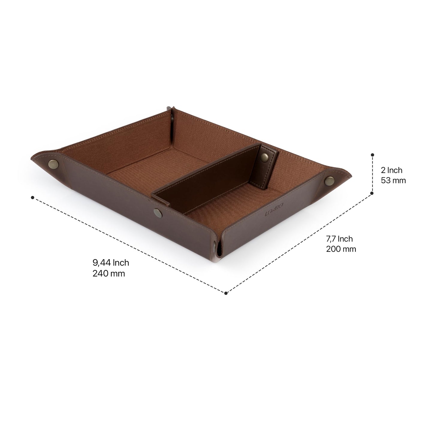 Londo PU Vegan Leather Valet Tray for Men — Catchall EDC for Keys, Wallet, Watch, AirPods — Nightstand & Entryway Tray, Snap Corners Fold Flat for Travel, 9.45 x 7.87 in, Dark Brown