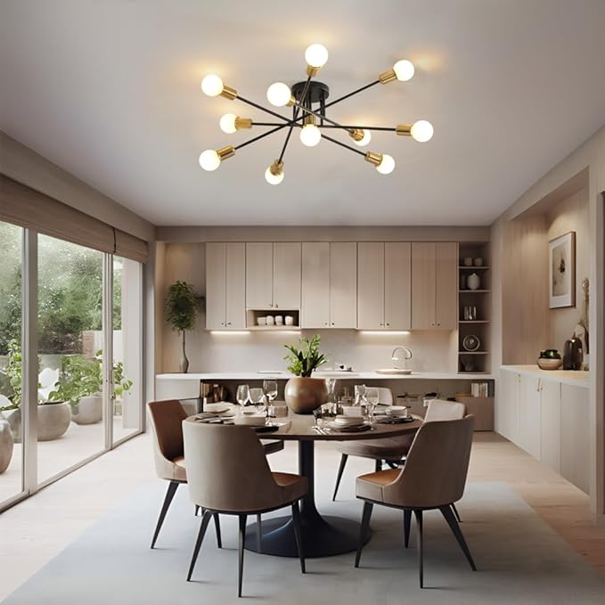 Mid Century Sputnik Gold and Black Semi Flush Mount Ceiling Light Fixture, Modern Large 11 Light Metal Chandelier for Dining Room Bedroom Kitchen Living Room Office Lighting
