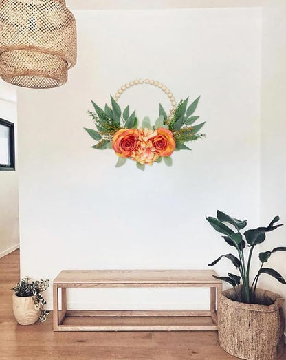 Spring Wreaths for Front Door 10" Artificial Floral Wood Bead Wreaths Eucalyptus Leaves Rose Hydrangea Wreaths for Front Door Boho Farmhouse Wall Decor 2 Pack - Orange