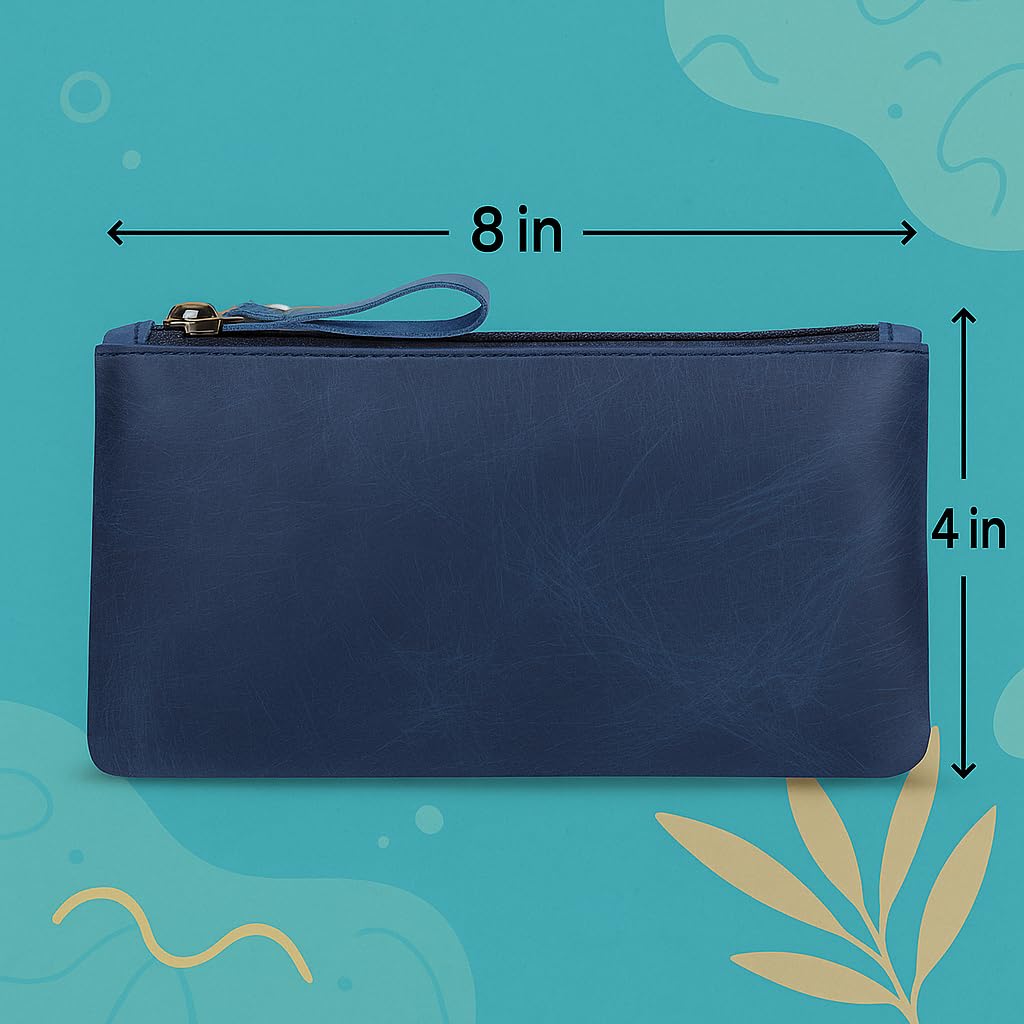 TheAntiq Blue Leather Pencil Pouch with Zipper - Slim Pen Holder (8" x 4" Inches), Coin Pouch & Cash Holder, Genuine Leather Pencil Case, Money Organizer, Multipurpose Accessory Case for Men & Women