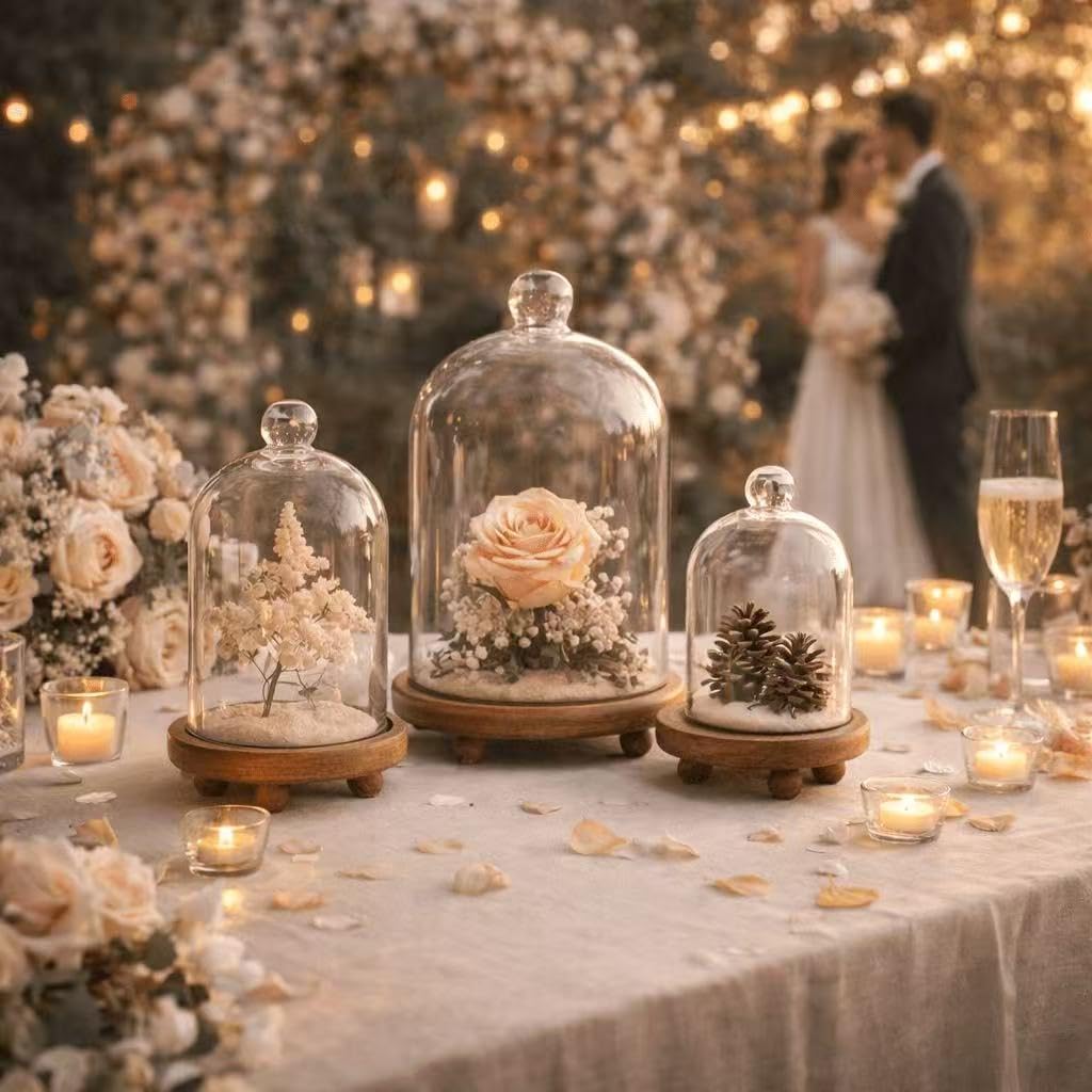 KMwares 3pcs Glass Bell Shape Dome Set (5.7"/4.9"/4.3") | Cloche Display with Wood Base | Empty Domes, Not Included Decorations