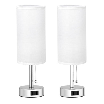 Fenmzee White Silver Bedside Table Lamps Set of 2-3 Color Temperatures Pull Chain Lamp with AC Outlet Charging Port, Two Round Night Stand Lamps for Bedroom, Small Bed Side Light with E26 LED Bulbs