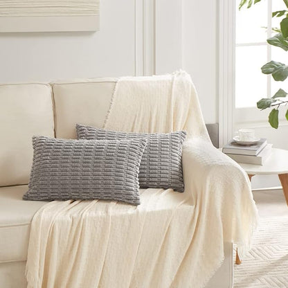Fancy Homi Gray Decorative Throw Pillow Covers 14x24 Inch for Living Room Couch Bed Sofa, Rustic Farmhouse Boho Home Decor, Soft Striped Corduroy Square Cushion Case 35x60 cm