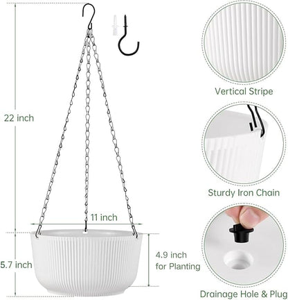 Set of 2 11 Inch White Self Watering Hanging Planters for Indoor Outdoor Plants, Thickened Hanging Flower Pots with Drainage Hole & Plug and 20" Chain Hanger