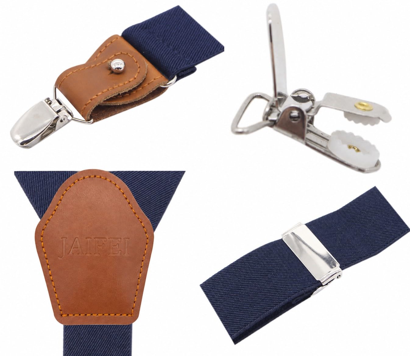 JAIFEI Button Suspenders for Men, 2-in-1 Clip-On & Button-On Dress Suspenders with Genuine Leather Ends, Y-Back, 1.4" Wide (Navy)