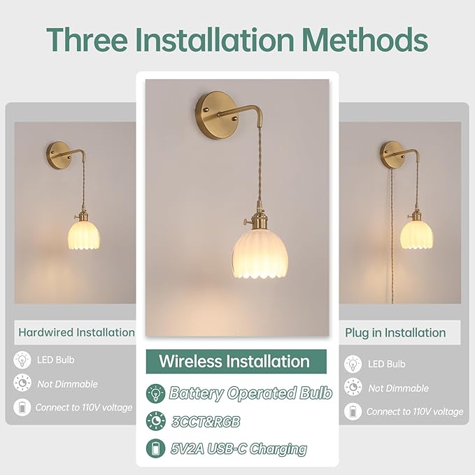 Battery Operated Wall Sconce with White Tulip Shade Pattern Glass Adjustable Chain Retro Gold Wall Mounted Light, Modern Wall Lamp Fixtures Decor for Bedside Bedroom Indoor Doorway