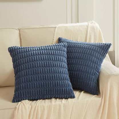 Fancy Homi Dusty Blue Decorative Throw Pillow Covers 20x20 Inch for Living Room Couch Bed Sofa, Rustic Farmhouse Boho Home Decor, Soft Striped Corduroy Square Cushion Case 50x50 cm