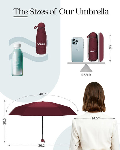Seniny Mini Portable Travel Umbrella with Case - Compact Umbrellas for Rain & Sun UV Protection for Backpack Pocket, Lightweight Folding Small Umbrella, Tiny Purse Size UV Blocker for Kids Women Girls