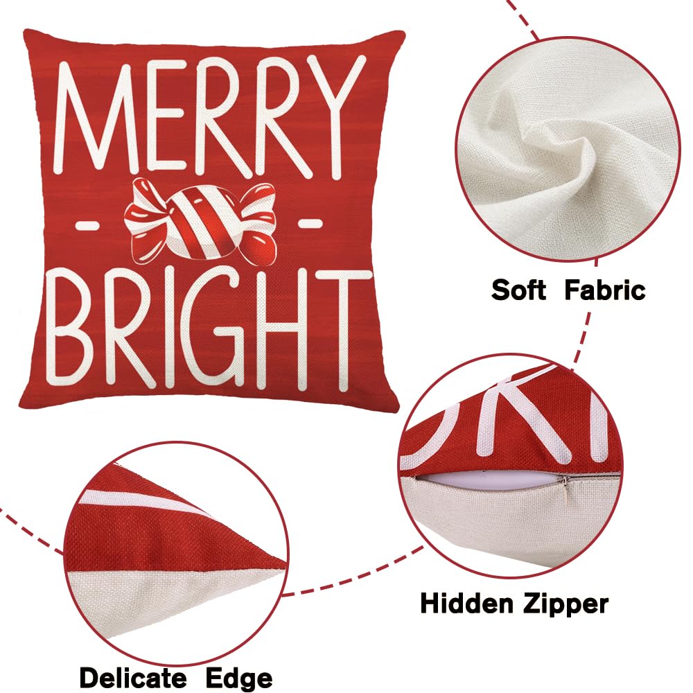 Heirloom Haven 4pcs Christmas Pillow Covers Decoration,18x18in Red Candy Pillow Case Merry Bright Holly Throw Pillow Covers Cushion Cases for Winter Holiday Seasonal Farmhouse Couch Sofa Home Decor