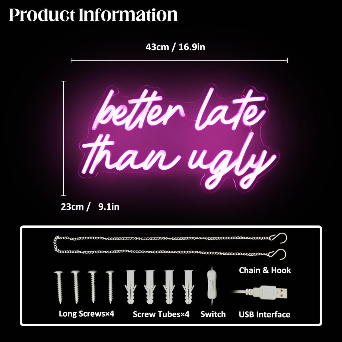 Better Late Than Ugly Neon LED Sign Pink Word Light Up Signs Beauty Room Decor Letter Neon Signs for Wall Decor LED Neon Light Sign for Bedroom Beauty Salon Wedding Bar Party Decor