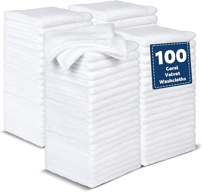 Coral Velvet Washcloths Bulk -100 Pack, Highly Absorbent and Soft White Face