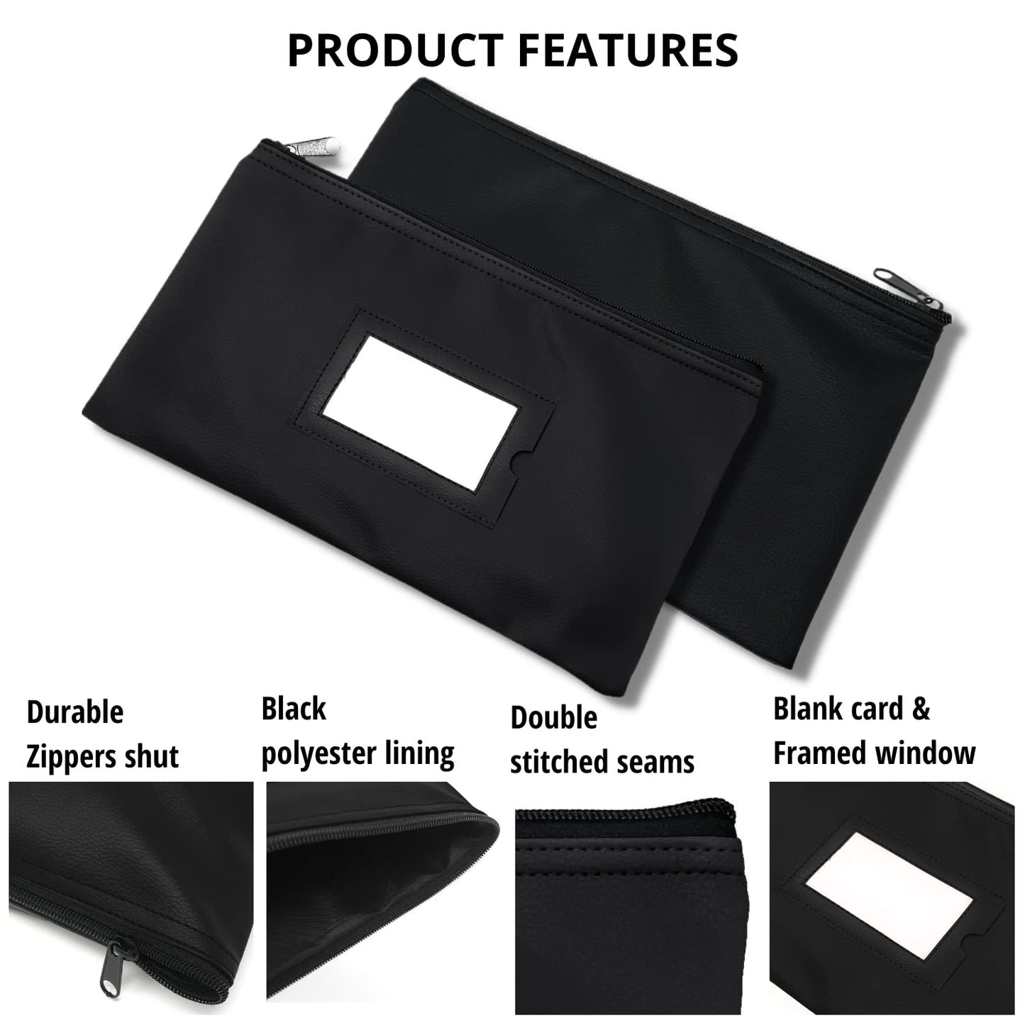 GIDABRAND Money Bank Deposit Bag with zipper | 11x6 inch | Black | Durable Leatherette Money Cash Coin Check Wallet Pouch for Men & Women with Framed ID Window and Blank Card (3)