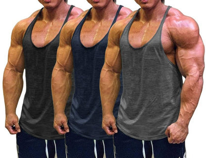 Muscle Cmdr Men's 3 Pack Stringer Tank Tops Bodybuilding Y-Back Gym Fitness Workout Training Running T-Shirts Athletic Quick Dry Top (Black,Grey,Blue,Thin Shoulder, 2XL)