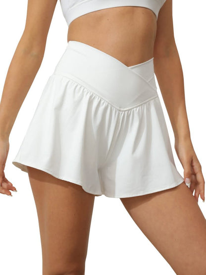 Tongmingyun Women Crossover Shorts Flowy Athletic Butterfly 2 in 1 Shorts with Pocket High Waist Running Workout Skorts White