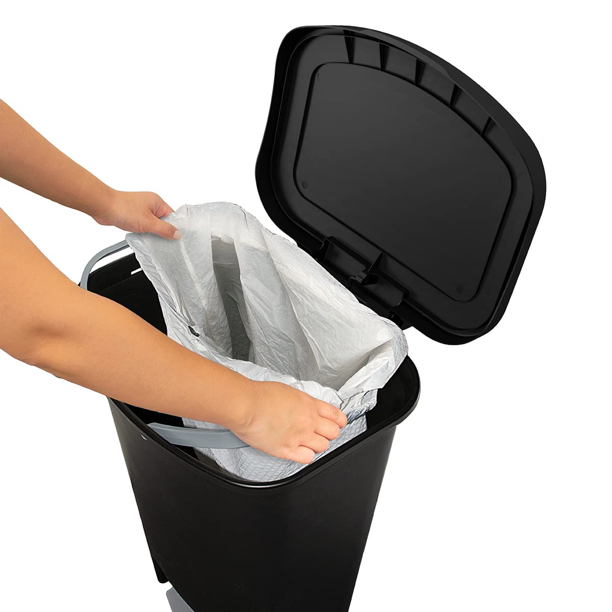 Glad 13 Gallon Trash Can | Plastic Kitchen Waste Bin with Odor Protection of Lid | Hands Free with Step On Foot Pedal and Garbage Bag Rings, Black