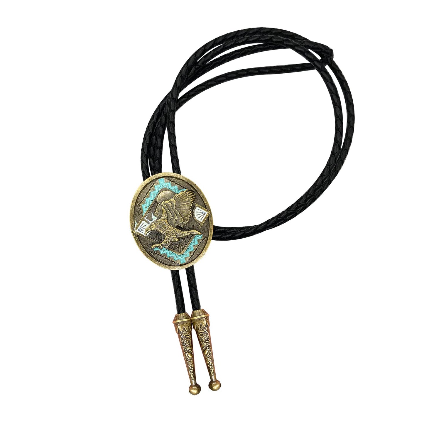 QUKE Native American Western Cowboy 3D Bald Eagle Sunset Bolo Tie Hand-woven Leather Bronze Bola Tie Necktie for Men Women