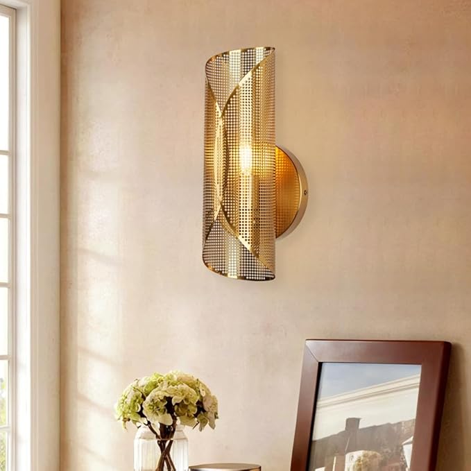 21.6 Inch Curved Perforated Wall Sconce, Hand-Made Aged Brass Metal Wall Mounted Light Beside Mirror, Luxury Wall Light for Bedroom, Elegant Light Fixture for Indoor