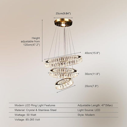 FRIXCHUR Dimmable Modern LED Chandelier 3 Ring Pendant Light Crystal Chandelier for Dining Room Living Room Bedroom,3 Colors Adjustable