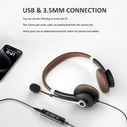 Arama USB Headset with Microphone Noise Cancelling & in-line Call Controls, Ultra Comfort 3.5mm Wired Headset for Cell Phone, Computer Headset with Mute for PC Laptop Skype Webinar Home Office