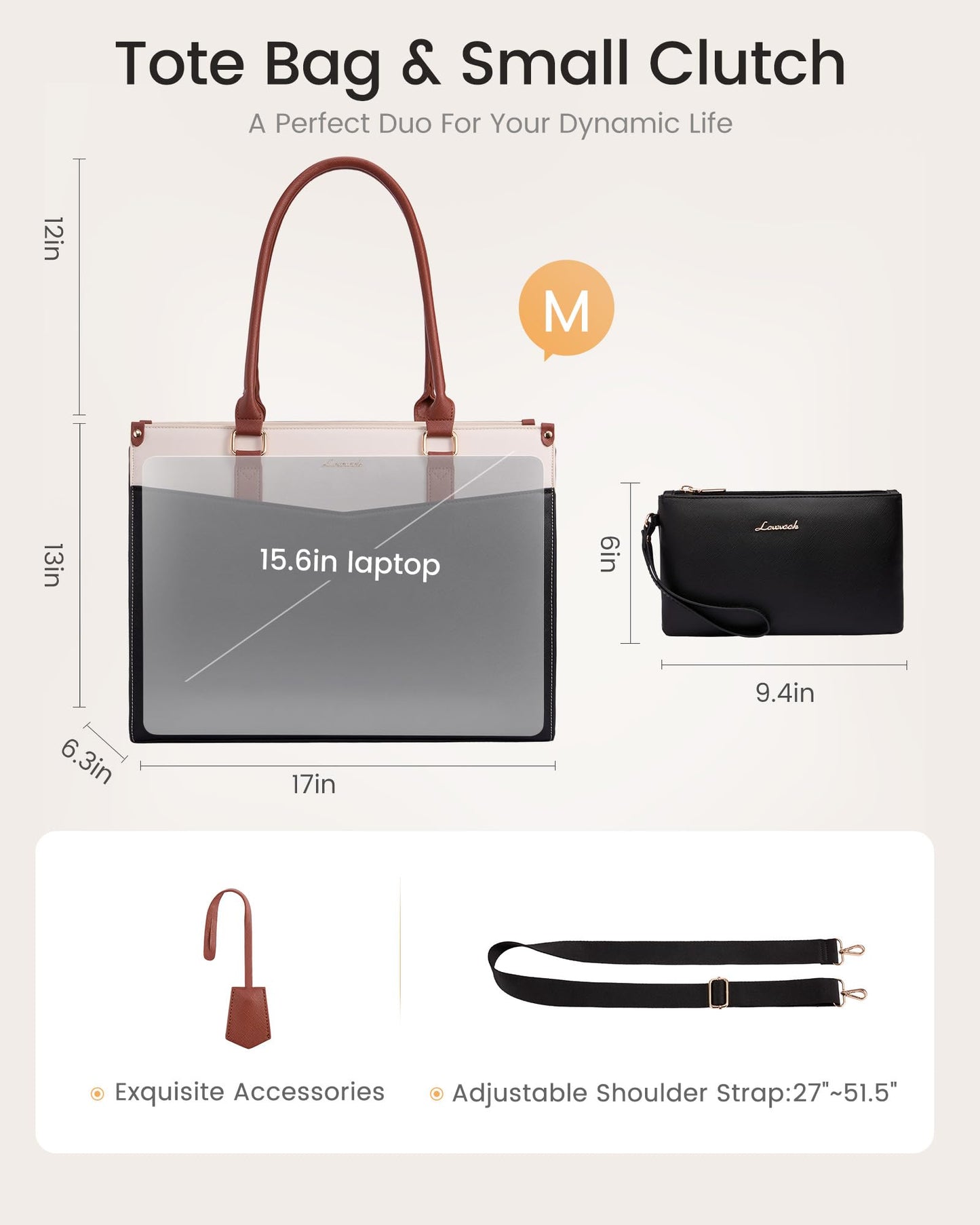 LOVEVOOK Professional Laptop Tote Bag for Women 15.6 inch, 2-in-1 Structured Leather Tote Purse with Clutch & Cup Holder, Large Capacity Work Briefcase for Office Travel, Black-Grey