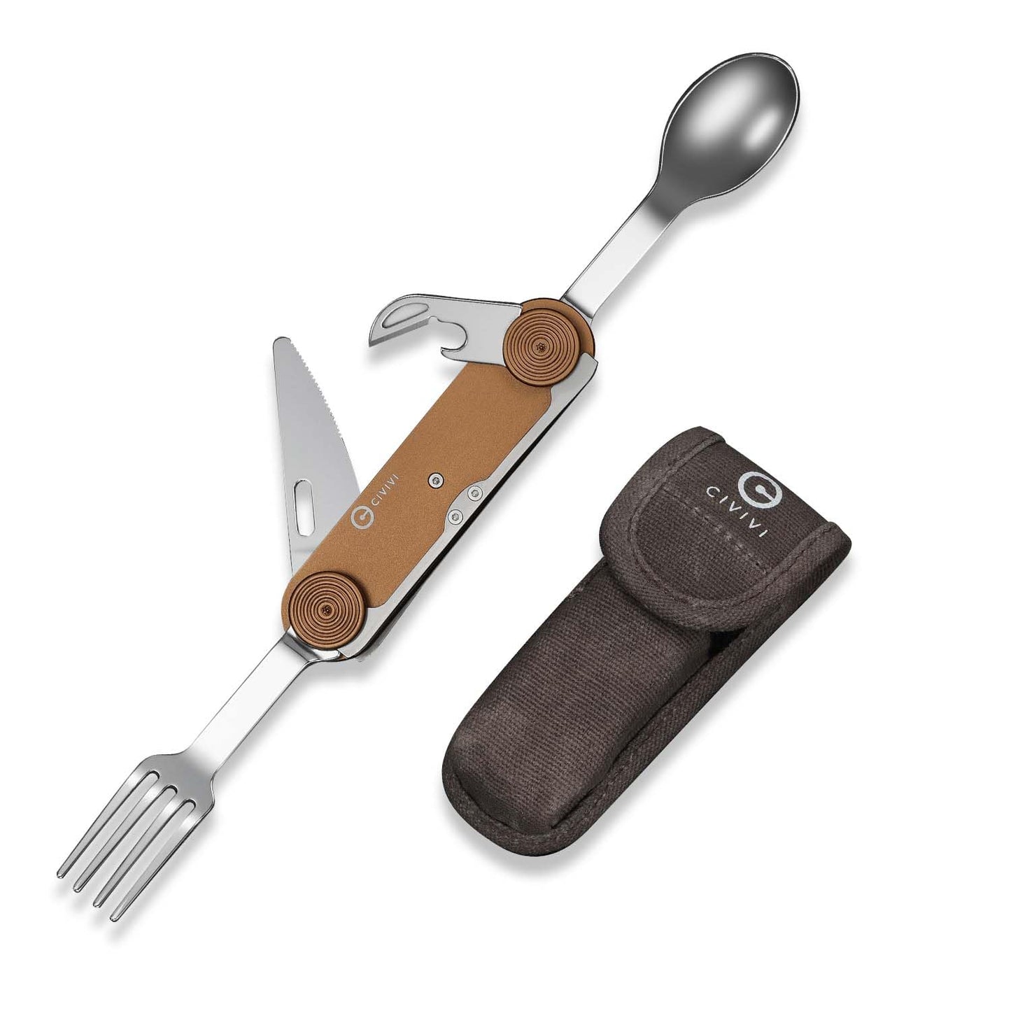 CIVIVI Partake 4-in-1 Camping Utensil, Detachable Stainless Steel Folding Knife, Fork, Spoon & Bottle Opener Multi-Tool, with Waxed Canvas Pouch for Travel Camping Hiking, C24032C-2, Coyote Brown