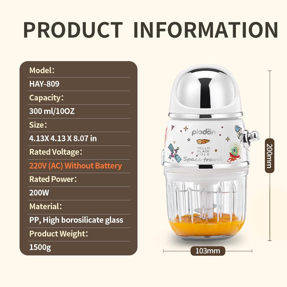 Baby Food Maker Mini Cute and Small Food Processor Puree Blender Grinder Chopper 1.2 Cup Glass Bowl with 6 Blade Electric (Spaceman-White(One Bowl))