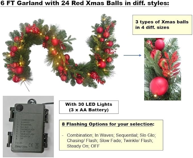 6 Feet Pre-lit Christmas Ornament Fake Pine Garland w 24 Red Balls Real Grapevine Base (30 LED Lights, 8 Flash Options) for Xmas Decor at Shop Home Door Corridor Wall Window Table Cabinet (Battery)