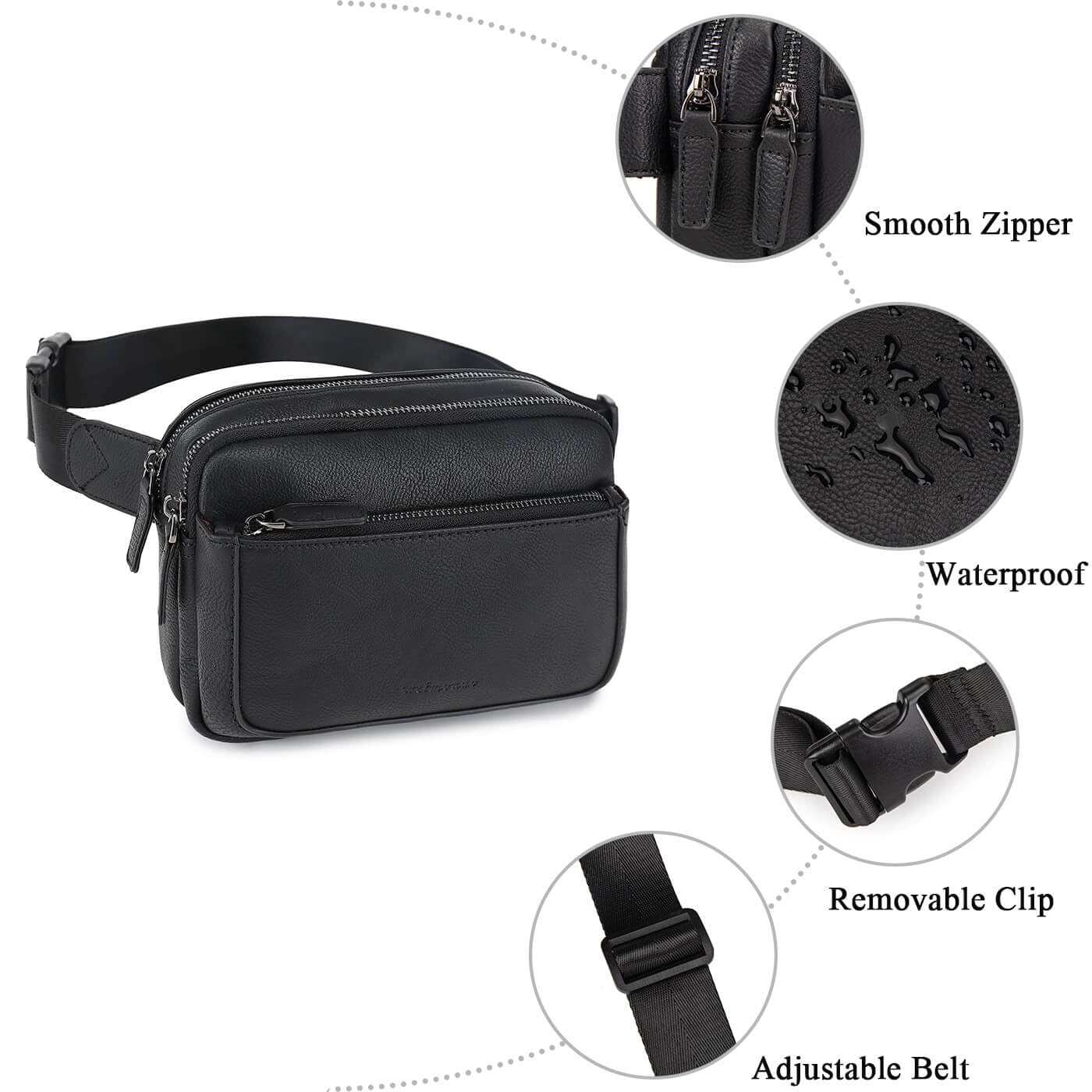 Fanny Packs for Women, Leather Vegan Belt Bag Crossbody Waist Bag Adjustable Strap, Large Fashion Everywhere Belt Bag, Black