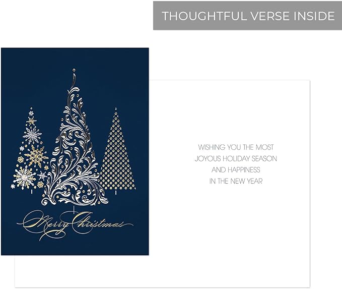 Masterpiece Metallic Christmas 3 Foil Trees Cards / 16 Boxed Winter Holiday Cards With Silver Foil Lined Envelopes / 5 5/8" x 7 7/8" Folded Merry Christmas Greeting Cards With Inside Verse