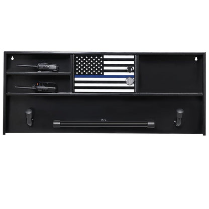 BUYYAH Wall Mounted Police Gear Rack, All Iron Frame with Gun Storage, Combination Lock, Tactical Duty Gear Rack for Home, Office, Police Gift Decor with Flag, Black