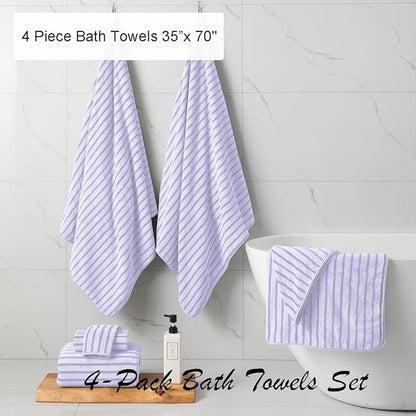 4 Pcs Light Purple Cabana Stripe Large Bath Towels 35"x70" Oversized Bath Sheet