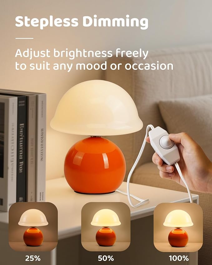 Mushroom Lamp Bedside Table Lamp for Bedroom, Cute Small Lamps with Glass Lampshade, Nightstand Lamp with Dimmer for Living Room Kitchen Apartments Offices Desk Shelves (Orange)