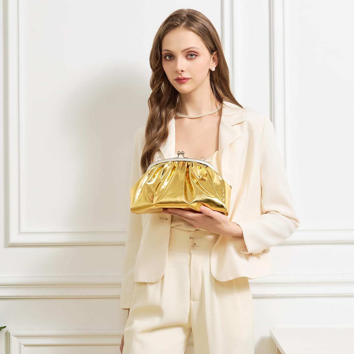 BRYCTSISEN Pleated Evening Vegan Leather Clutch Handbag Purse Metallic PU Cloud Shoulder Bag for Women Evening Purse Handbag (gold-L)