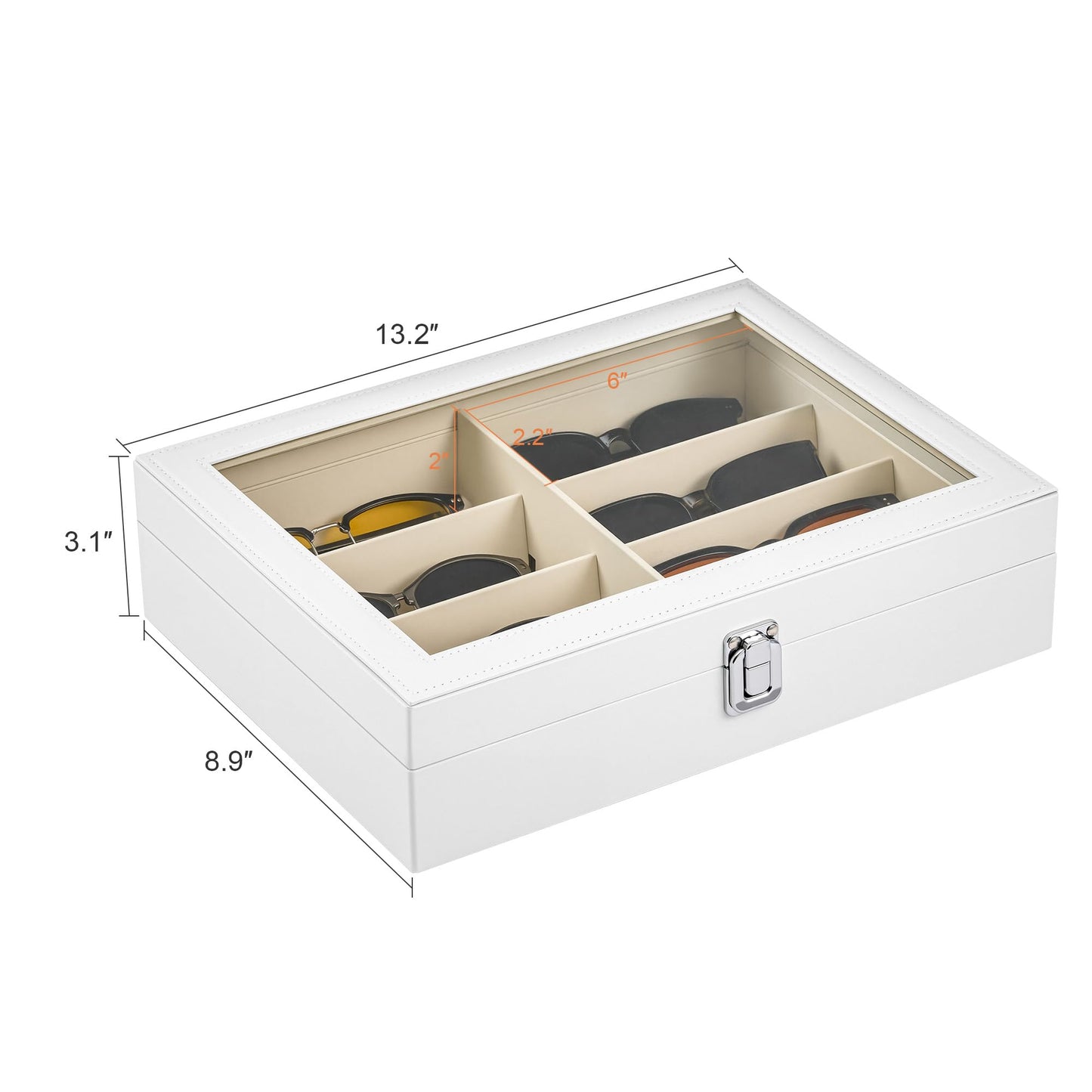 CO-Z Sunglasses Organizer with 8 Slots, Leather Eyeglasses Storage Box for Multiple Glasses, Lockable Display Case for Women Men, Glasses Holder for Watches Jewelry Collection, White