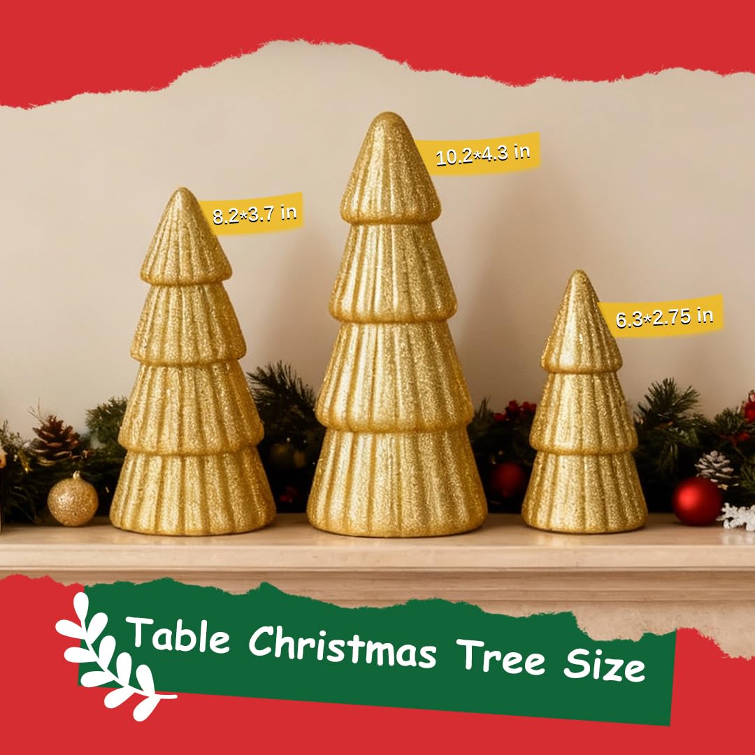 Joyhalo Tabletop Christmas Trees, Set of 3 Frosted Christmas Trees Indoor Xmas Decoration Centerpieces for Table, Mantel, Holiday, Party and Home Decor, Gold